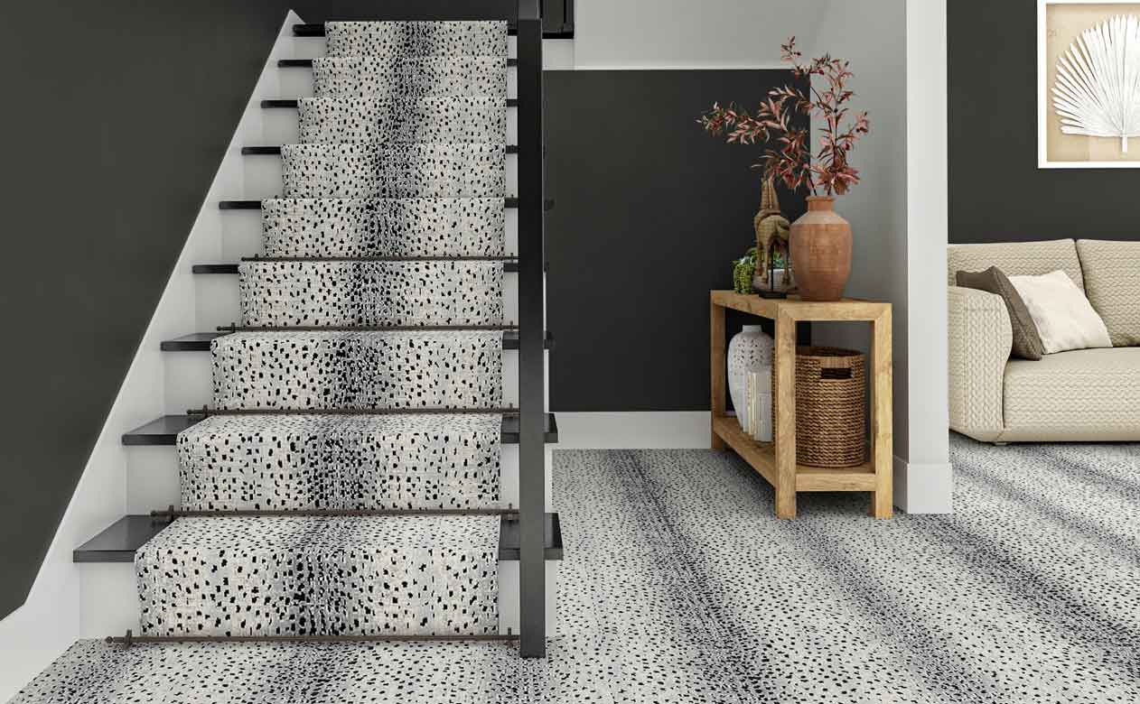 black and white animal printed stair runner